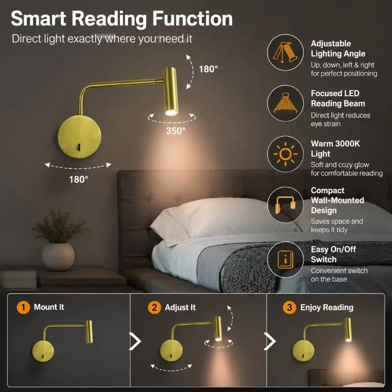 Modern Creative Minimalist Wall Lamp Circular Aluminum Golden Rotatable LED Reading Bedside Light for Hotel Bedroom Decor