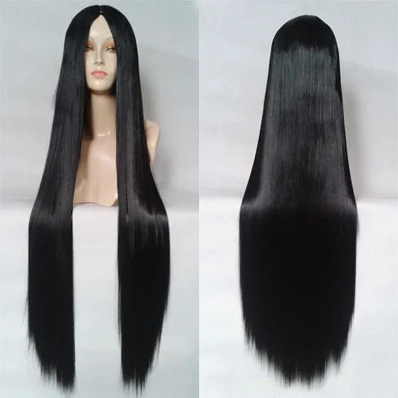 Anime básico 100 cm longa reta perucas pretas para mulheres universal dos desenhos animados cosplay cabelo branco central casa separação uso
