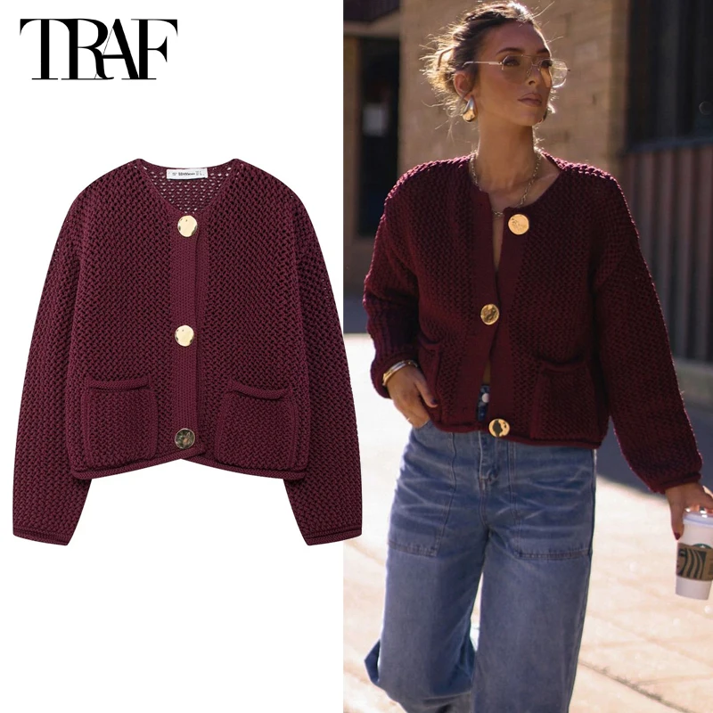 TRAF 2024 Knitted Cropped Cardigans Women Autumn Knitwears Short Sweaters for Women Button Women\'s Sweater Long Sleeve Cardigan