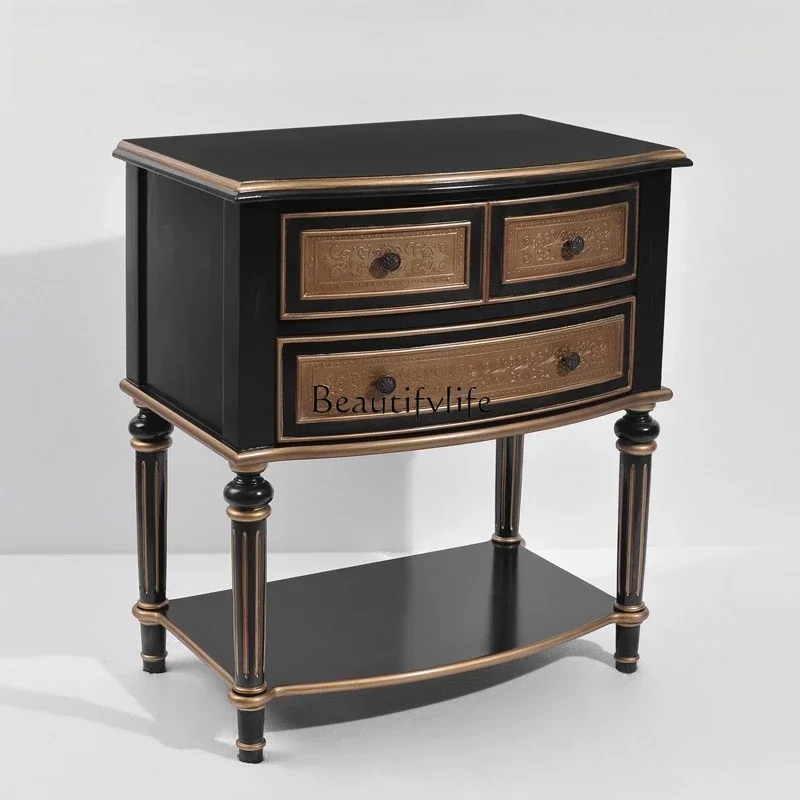 

yj9 Export solid wood retro gold foil black gold two buckets porch engraving storage bay window side cabinet