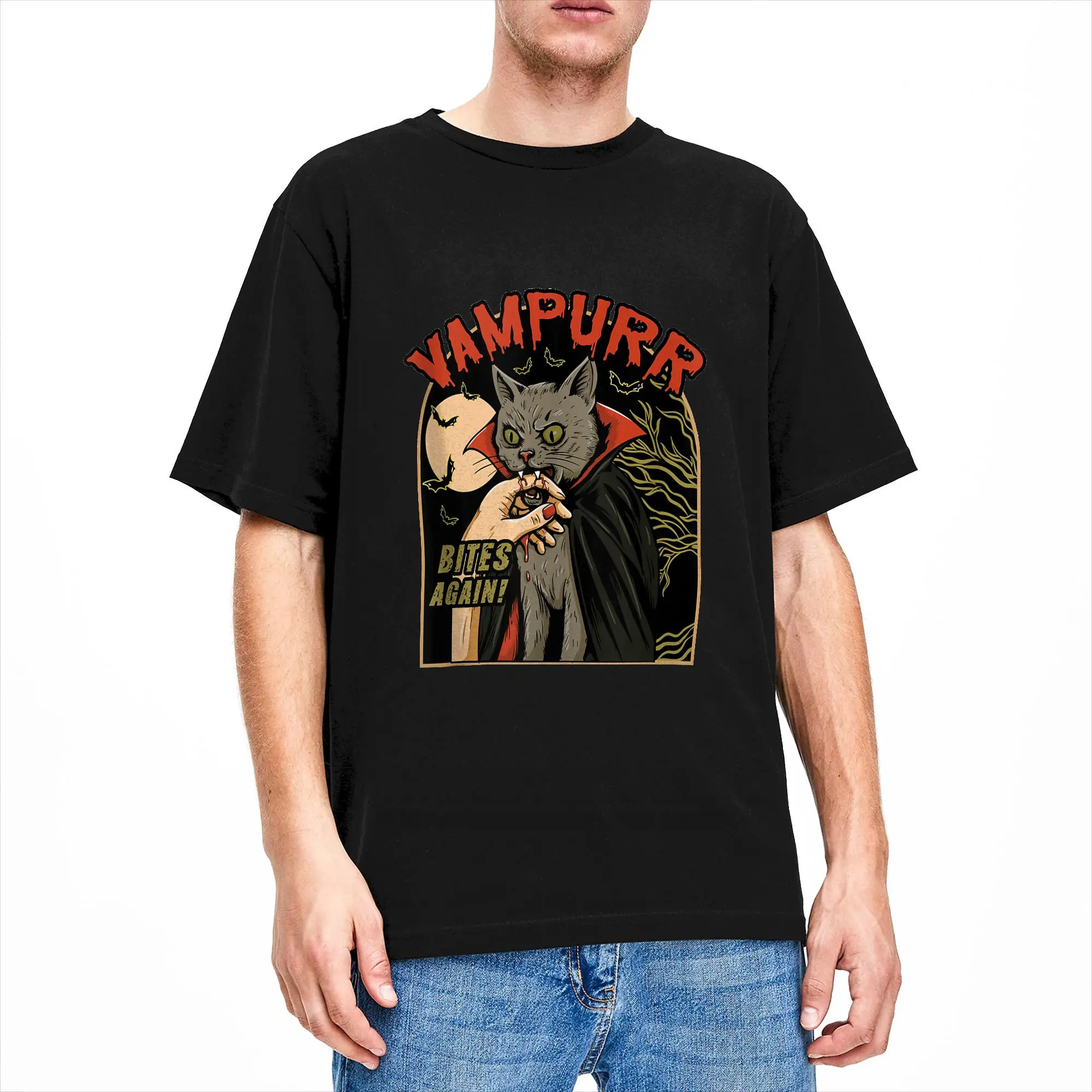 Halloween Cat Vampire Vampurr Bites Again Vintage Horror T-Shirt Summer Cotton T-Shirts For Men's Harajuku Casual Tee Shirt