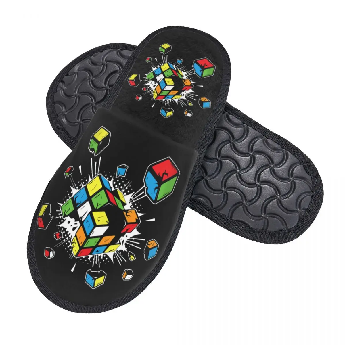 Exploding Rubix Rubiks Magic Cube Guest Slippers for Bathroom Women Custom Print Math Gift House Shoes