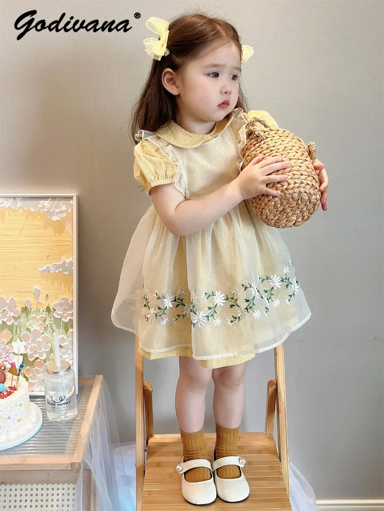

Cute Baby Girls Summer Vintage 2pcs Sets Yellow Plaid Puff Sleeve Peter Pan Collar Short Dress Embroidery Tulle High Waist Dress