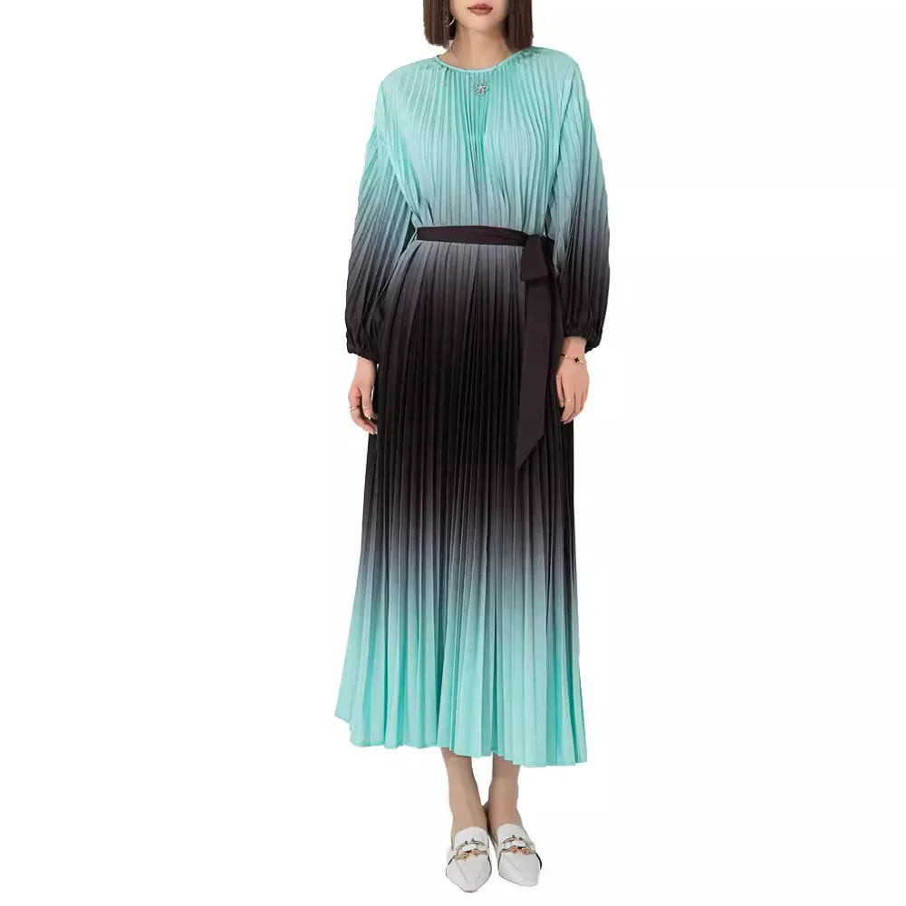 Miyake Pleated High-end French Elegant Dress for Women 2024 New Fashion Temperament Gradient Color Waist Tie Pleated Long Skirt