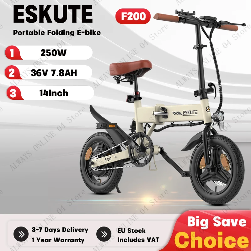 Bicicleta Eléctrica Plegable Portátil ESKUTE F200, Motor de 250W, Batería de 36V 7.8AH, Neumático de 14 Pulgadas, Bicicleta Eléctrica para Desplazamientos Urbanos, Velocidad Máxima 40KM/H