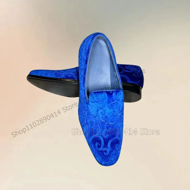 รองเท้าโลฟเฟอร์ผ้าลูกฟูกปักลายสีน้ำเงิน ดีไซน์แฟชั่น สวมใส่ง่าย รองเท้าผู้ชายสุดหรู ทำมือ เหมาะสำหรับงานปาร์ตี้ งานเลี้ยง งานแต่งงาน รองเท้าเดรสผู้ชาย