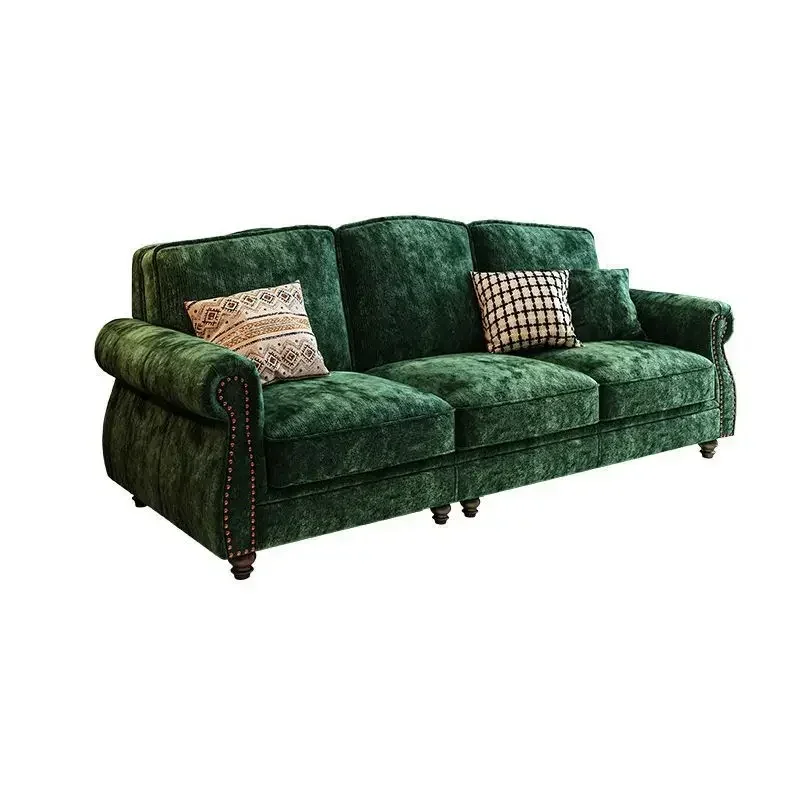 Fabric sofa living room 2026 new straight row three four people retro green high-end chenille