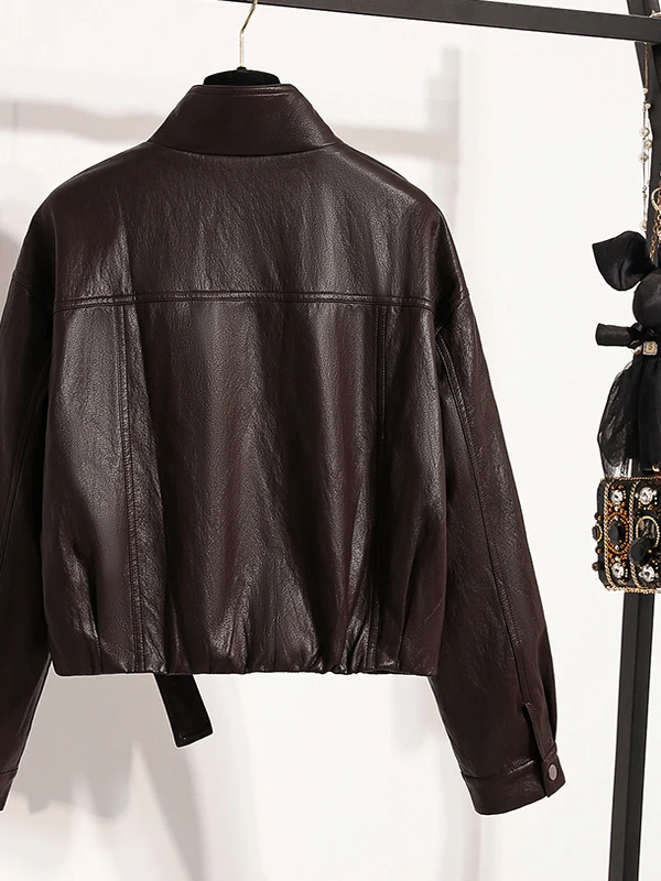 Faionable دراجة نارية Jaet المرأة الخصر مقصوص ort معطف جلد كول Sle حجم كبير الخريف الشتاء Faion ملابس خارجية #4