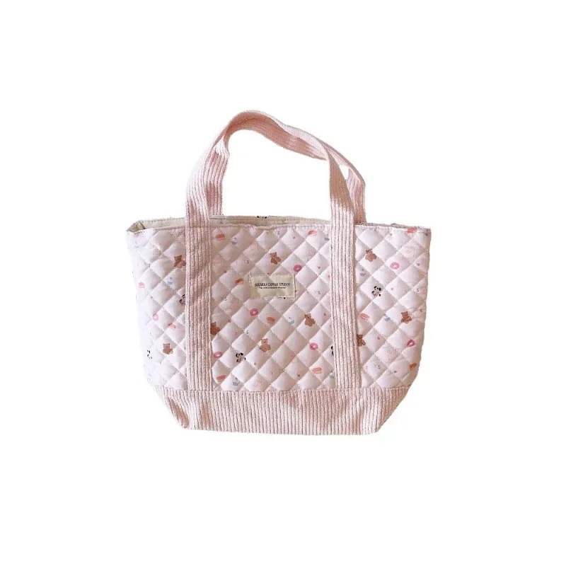 Fashionable Cute Tote Bag Casual Versatile Portable Pink Handbag Large Capacity Diamond Lattice Thread Girl Heart Commuter Bag