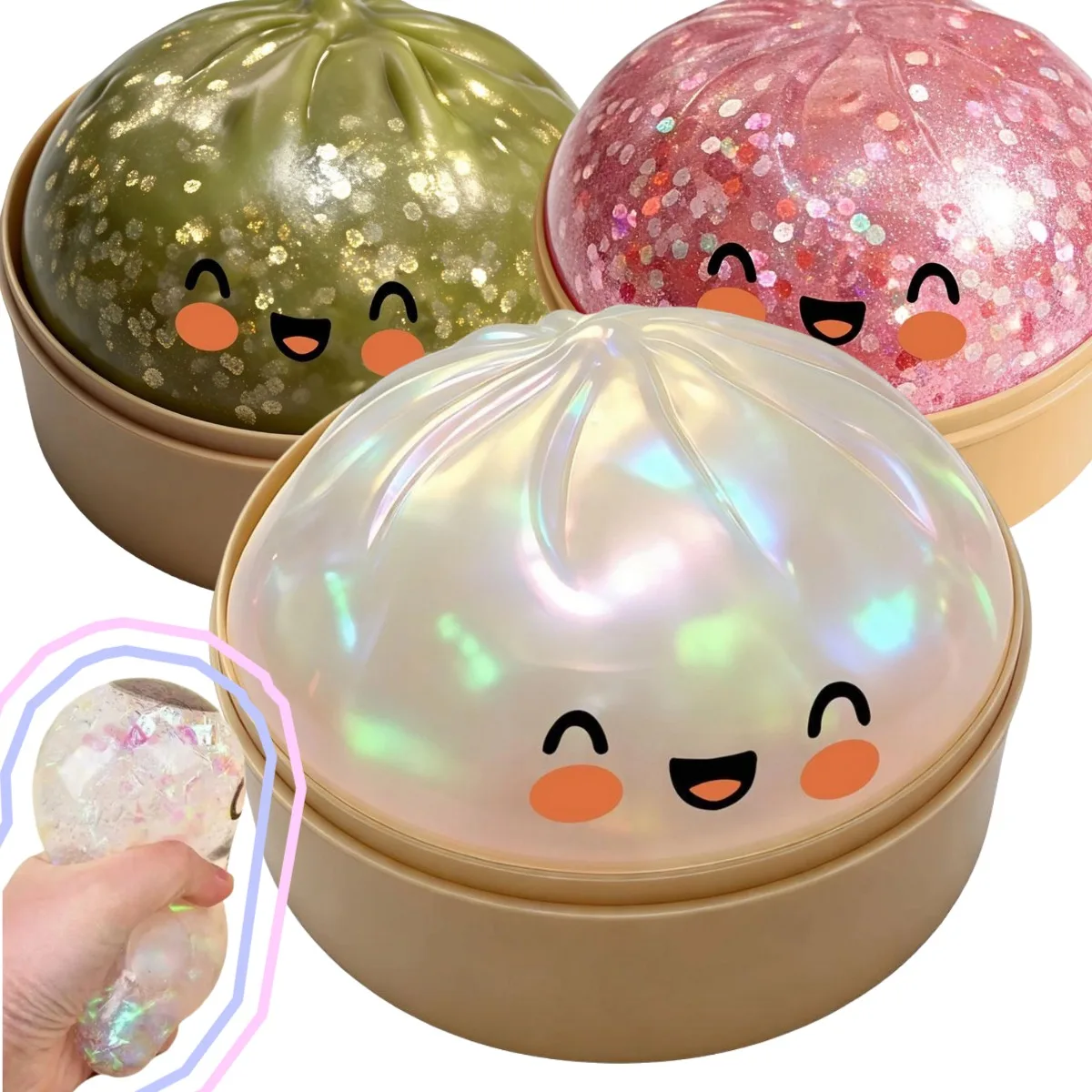 Cute Soft Squishy Dumpling Bun Toy With Steamed Box,Fun Decompression Glitter Slow Rising Sensory Squeeze Toy Home Office Gift