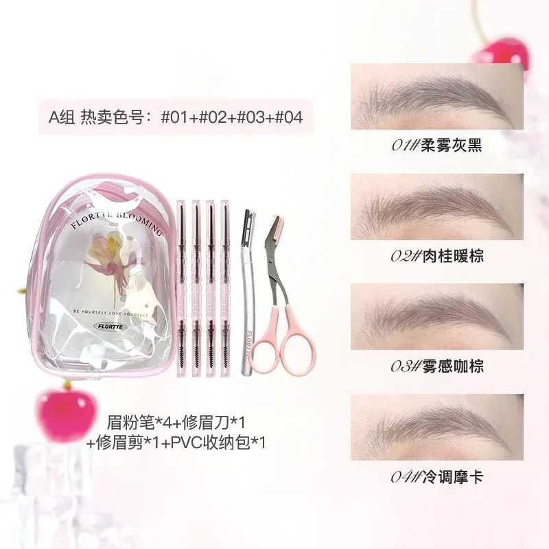 FLORTTE Zestawy do makijażu 4 sztuki kredki do brwi z małym nożyczkami do przycinania brwi Naturalny trymer do brwi