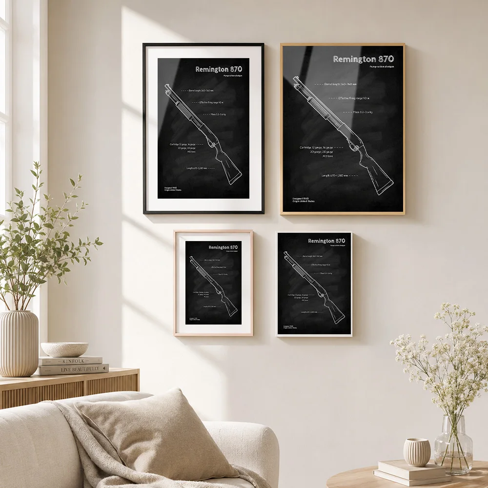 Remington 870 Shotgun Blueprint Framed Metal Print Customized Photo Drafting Style Wall Art For Study Thoughtful Inventor Gift view 4