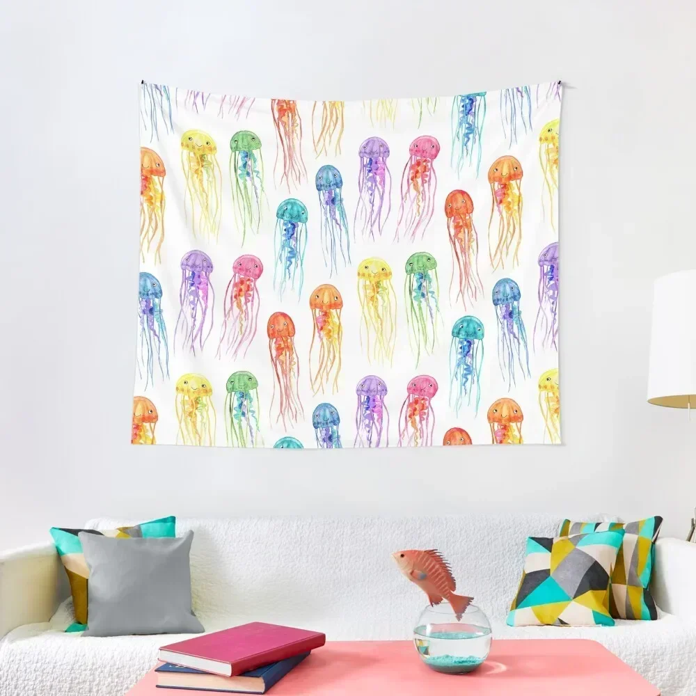 Rainbow Watercolor Jellies on White Tapestry Funny Room Decor Korean Style Tapestry