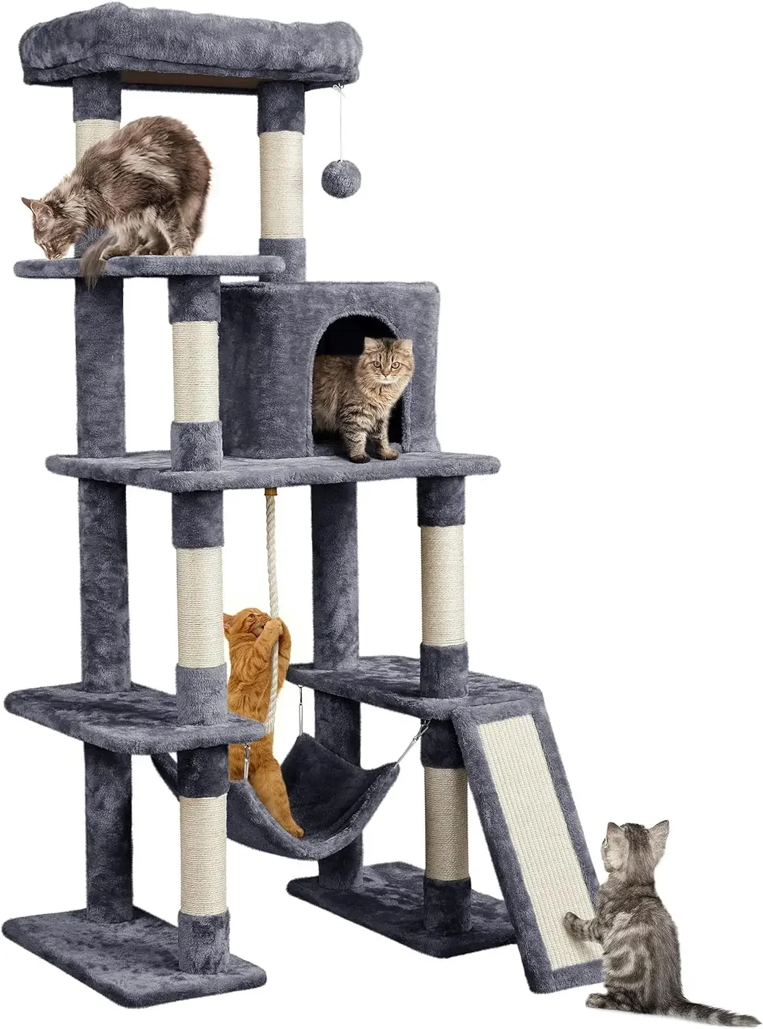 

Large Multi-Level Cat Tree, 63 Inches Tall with Sisal-Covered Scratching Posts, Condo, Hammock, Dangling Ball, Extended