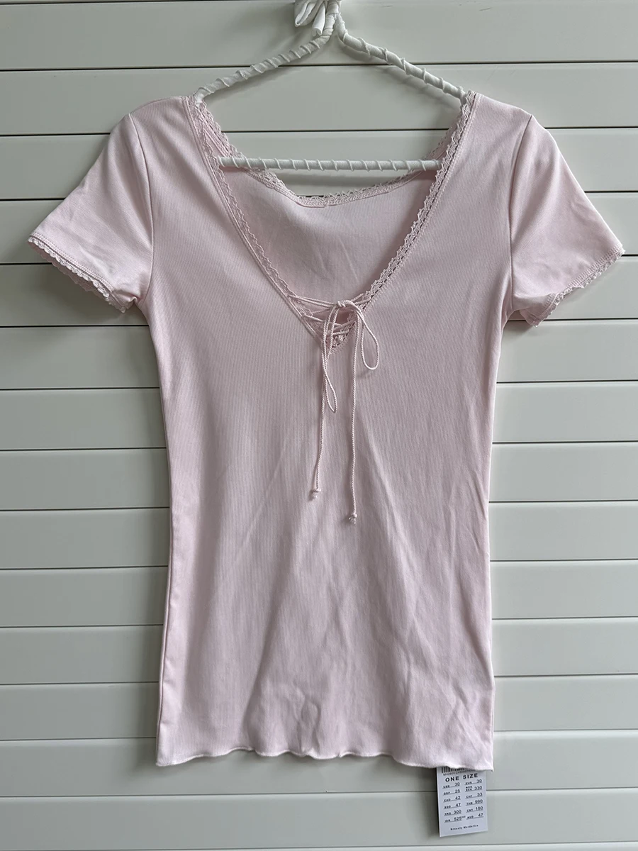 Lace Trim Pink T-shirts Women Summer Elegant Slim Cotton Lace-up V-neck Short Sleeve Tees Sweet Preppy Style Chic Tshirt Tops