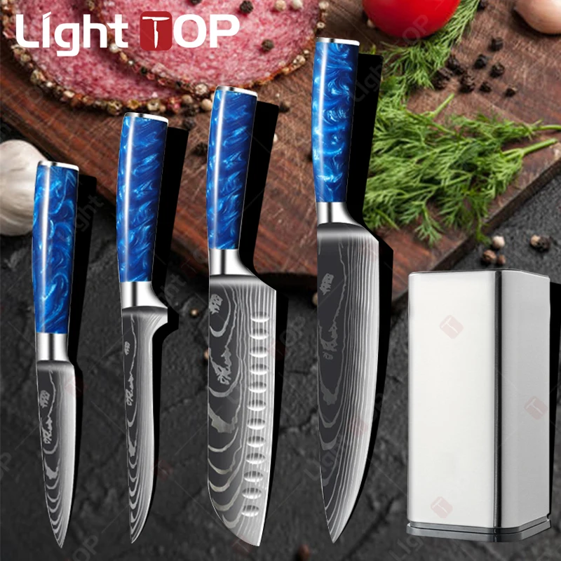 Chef Knife Kitchen Knives Damascus Steel Pattern Cleaver Set 7CR17 High Carbon Stainless Steel Slicer Fruit Santoku Knife Holder