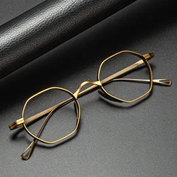 Stylish New Pattern Light Retro Bronze Pure Titanium Brand Design Irregular Polygon Anti Blue Light Men Prescript Glasses Frame