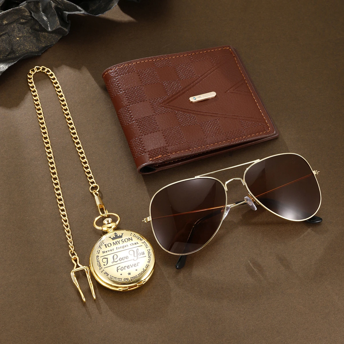 Men\'s pocket watch three-piece stylish vintage pocket watch, wallet, glasses