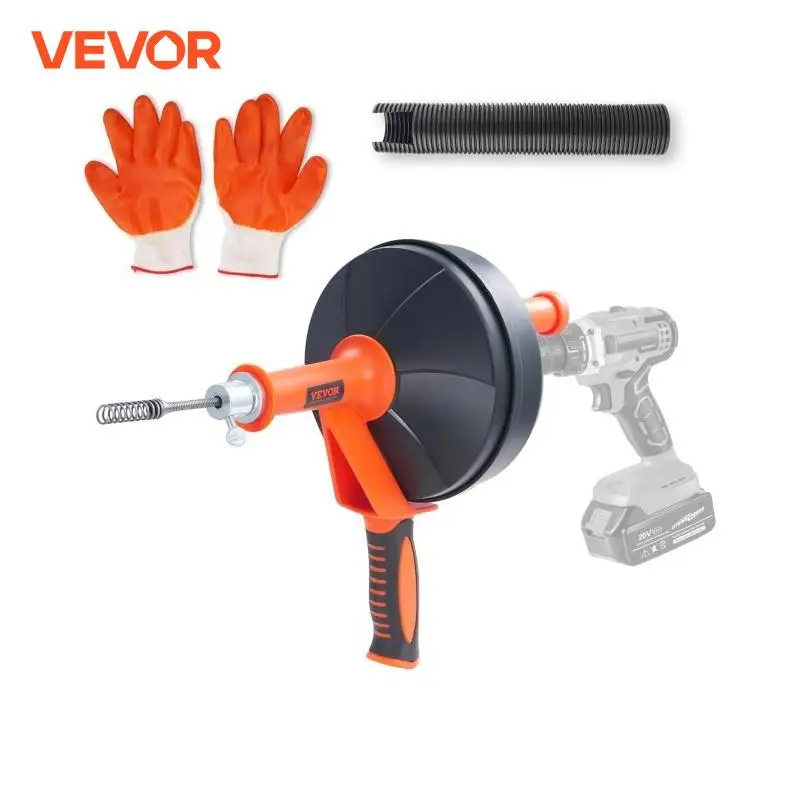 VEVOR Drain Auger 25Ft Manual-feeding Plumbing Snake with Drill Attachment Drain Clog Remover Toilet Sewer Pipe Dredge for Home