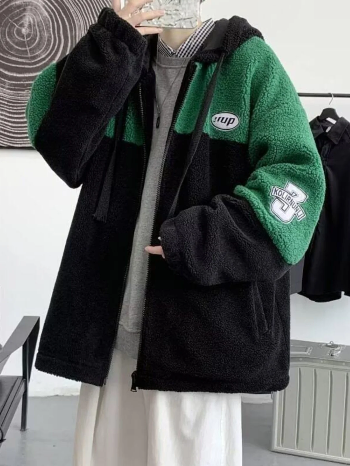 

Бархатная толстовка с капюшоном Lamb Velvet Sli Мужская одежда Верхняя одежда Открытый кардиган с капюшоном на подкладке Thi Cotton Jaet for Large...