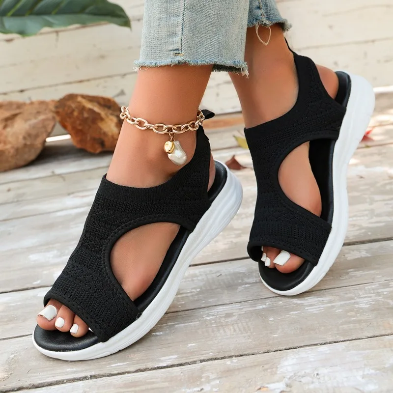 Sommer Neue klassische einfarbige Mesh-Keilsandalen für Damen, bequeme, leichte Freizeitschuhe mit offenem Zehenbereich, Größe 36–43, Zapatillas Muje