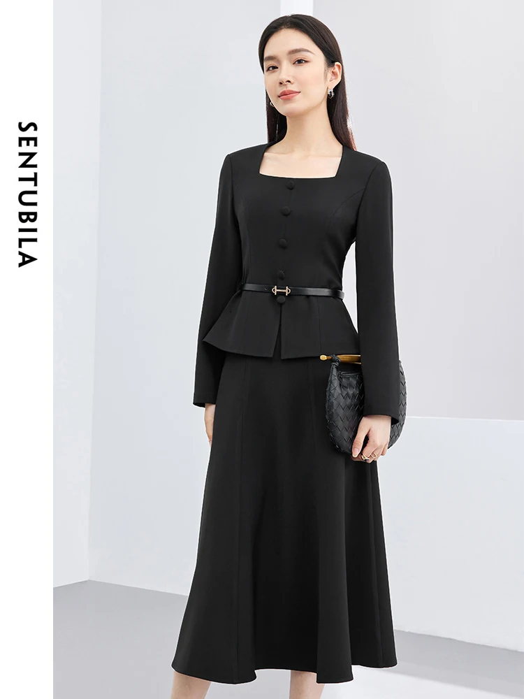 GENTUBILA-Ensemble jupe noire élégante pour femme, tenue 2 pièces, haut à col carré, jupe assortie, nouveau, automne 2024, 141Z52563