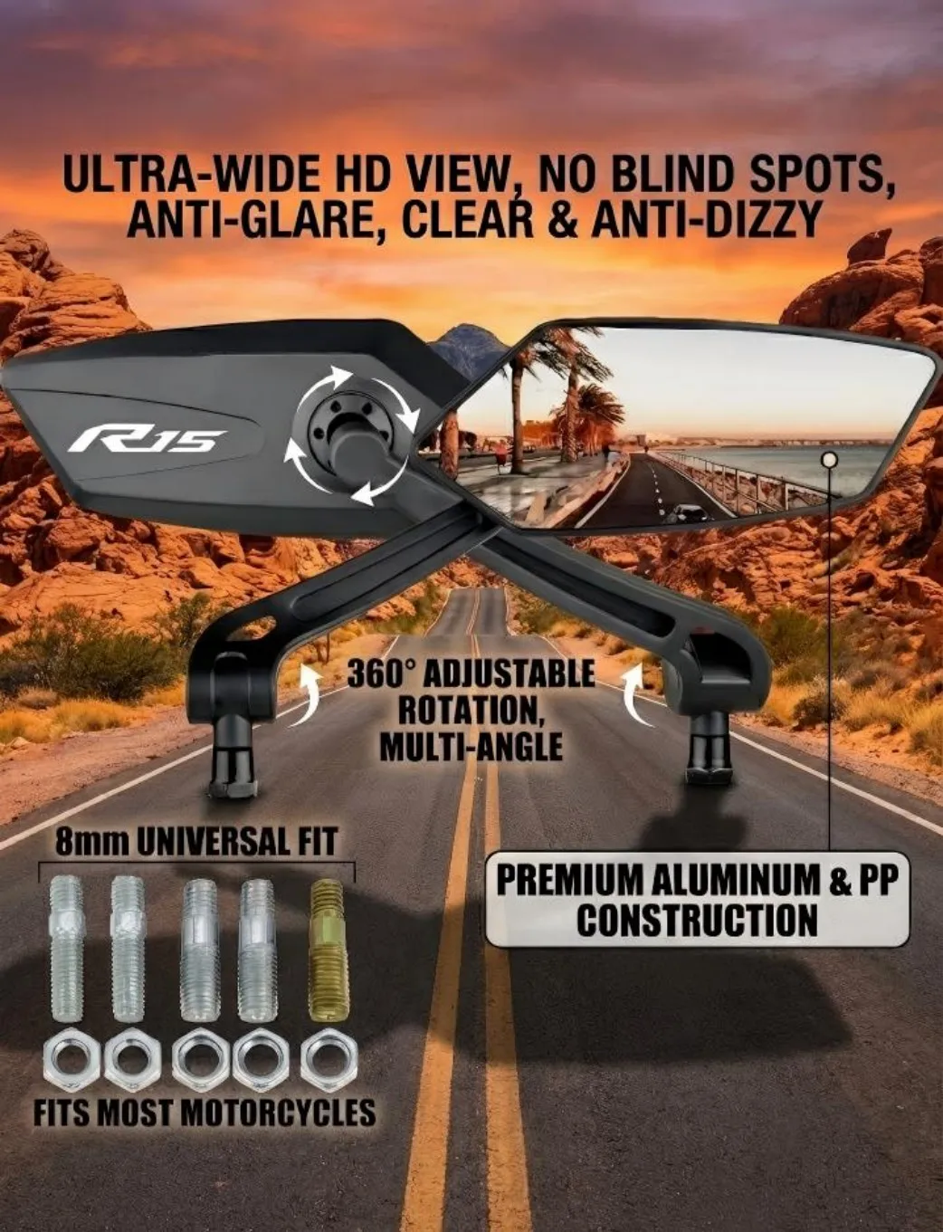 

Для Yamaha YZF R15 V2 V3 ABS 2009-2020 2021 2022 2023 2024 2025 Зеркало для мотоцикла Регулируемое зеркало заднего вида Простая установка