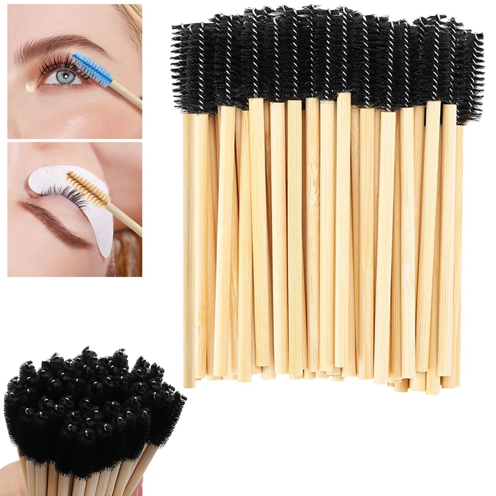 50 pçs alça de bambu escovas de cílios descartáveis varinhas de rímel aplicador de extensão de cílios sobrancelha spoolie escovas ferramenta de maquiagem