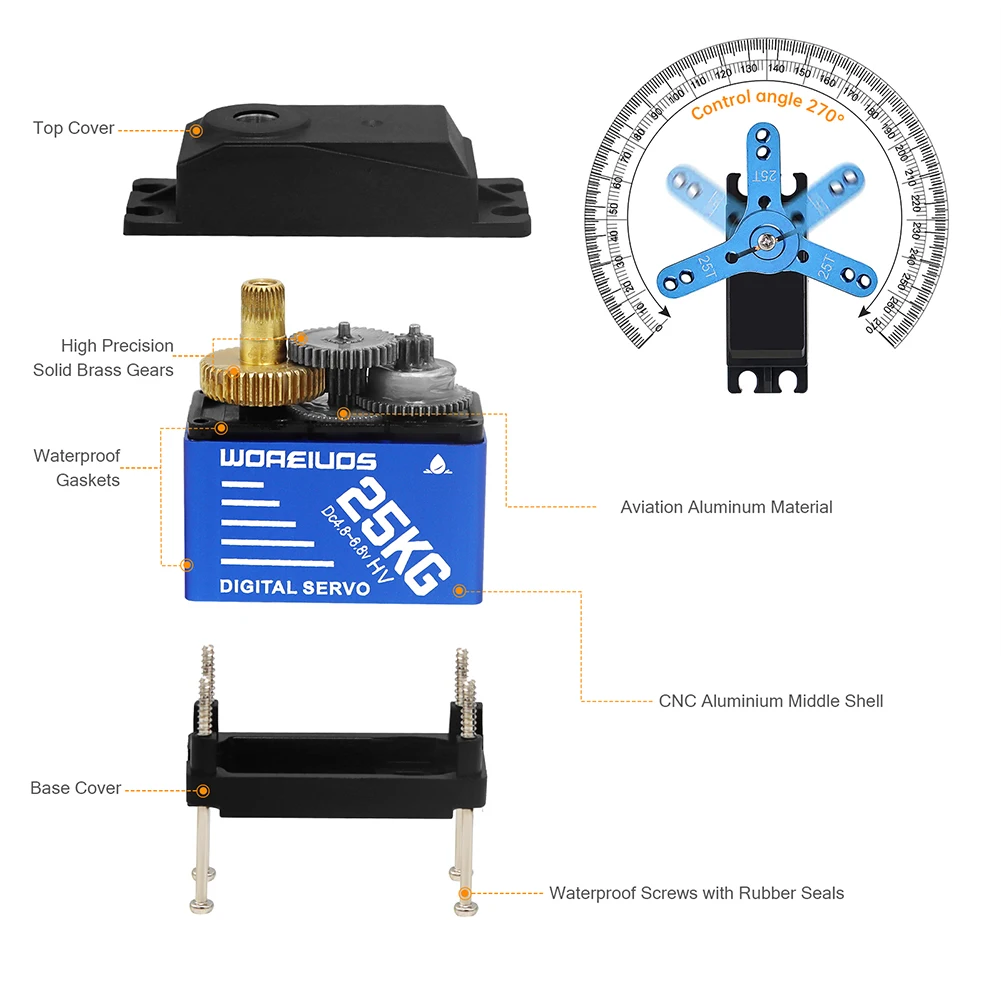 25kg Digital Servo with 25T Servo Arm Waterproof RC Servo Metal Gear Digital Servo for 1/10 1/8 RC Car for RC Crawler Robot Boat