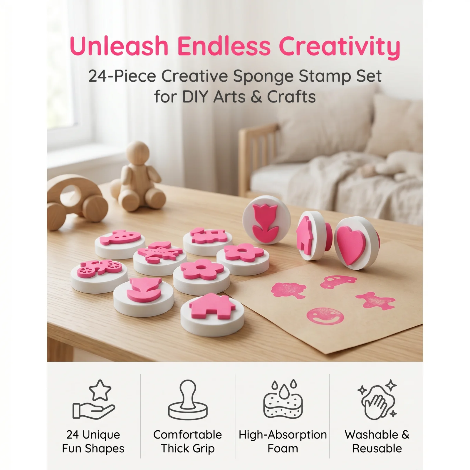 24Pcs Foam Stamp Set, Washable Sponge Stamps with Non-Stick Handle for DIY Art Crafts, Vehicles & Animals Patterns