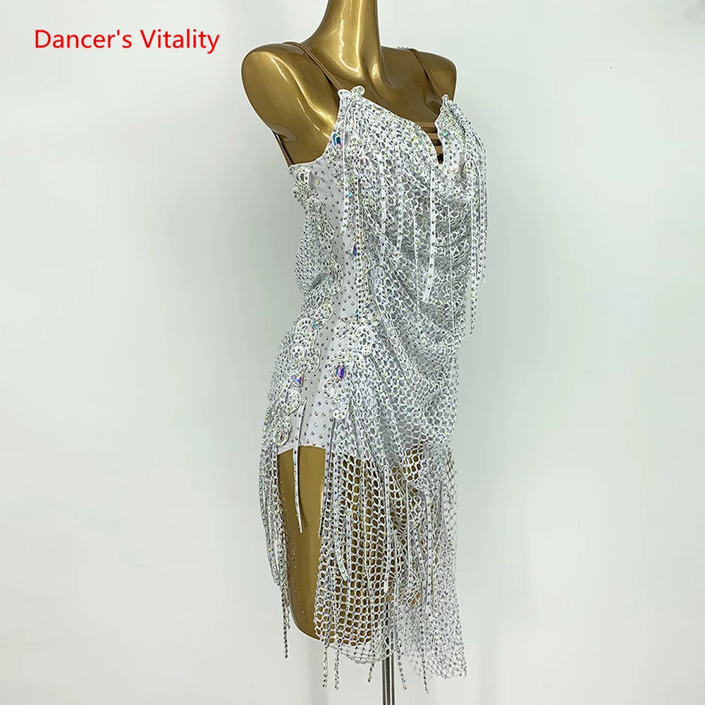 Adult Latin Dance Performance Clothes Dress for Women Customzied Chacha Rumba Full Stones Latin Dance Competition Skirt