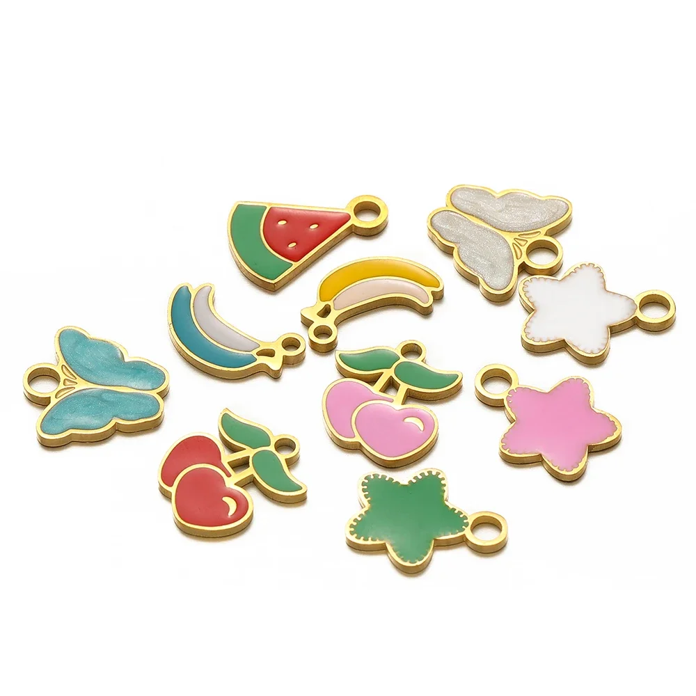 5pcs/lot Stainless Steel Drip Oil Cherry Banana Pendants Enamel Flower Charms DIY Girl Jewelry Findings Necklace Making Supplies