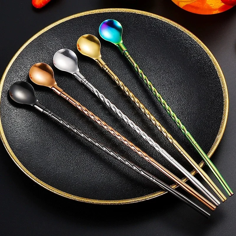 1Pcs Reusable Straw Spoon Stainless Steel Metal Colorful Straw Cocktail Drinking Straw Spoon Milk Bar Coffee Stirring Accessory