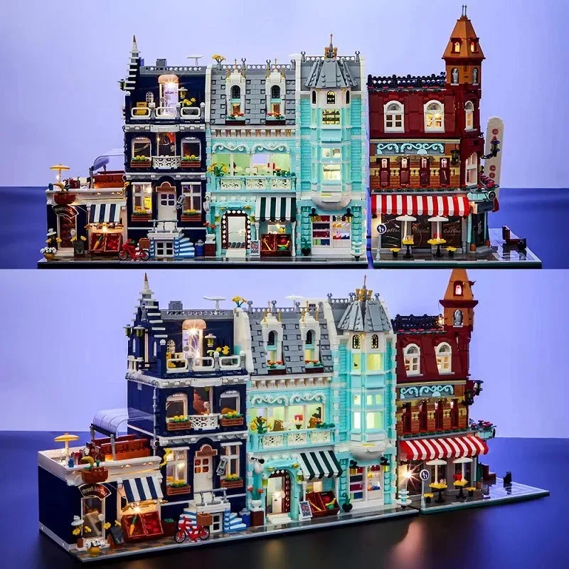 Toys MOC City Corner Coffee Shop Architecture Style Street View Micro Building Blocks for Children Construction Bricks