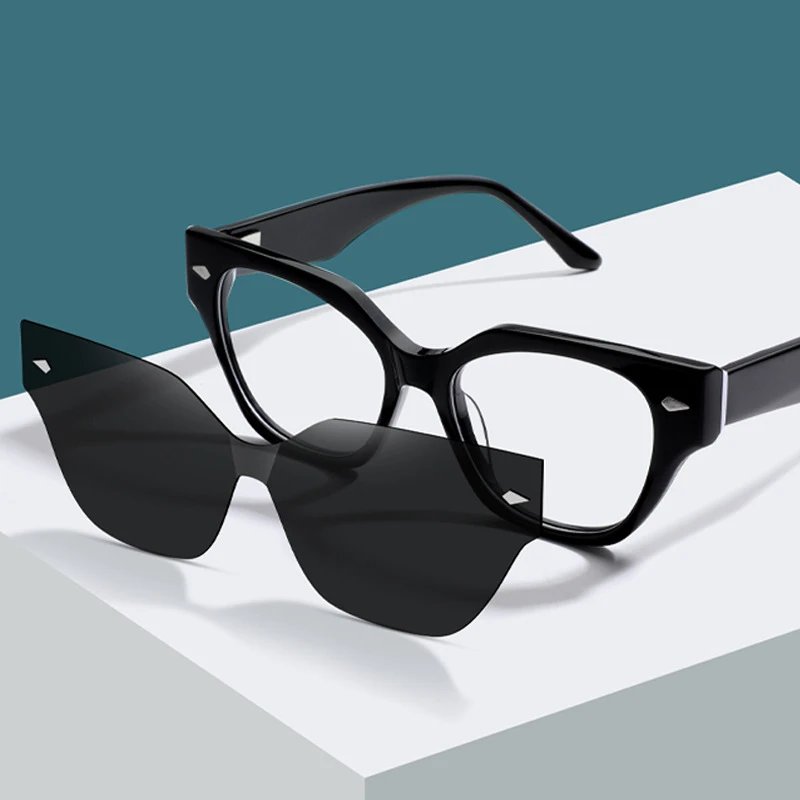 BEMORE Custom Square Clip on Polarized Sunglasses Ultralight Acetate Blue Light Blocking Multifocal Prescription Eyeglasses