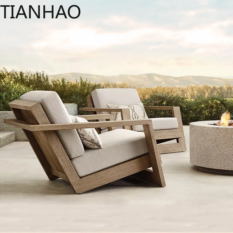 Nordic Outdoor Sofa for Garden Patio Courtyard Balcony Deck | Teak Wood Armchair for Hotel Villa Resort | Weatherproof Solid