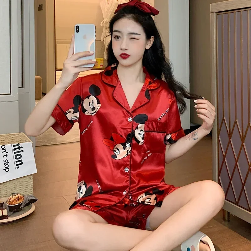 Disney Pajamas ladies summer mickey mouse short-sleeved nightgowns simulation silk sexy spring autumn sleepwear home clothing