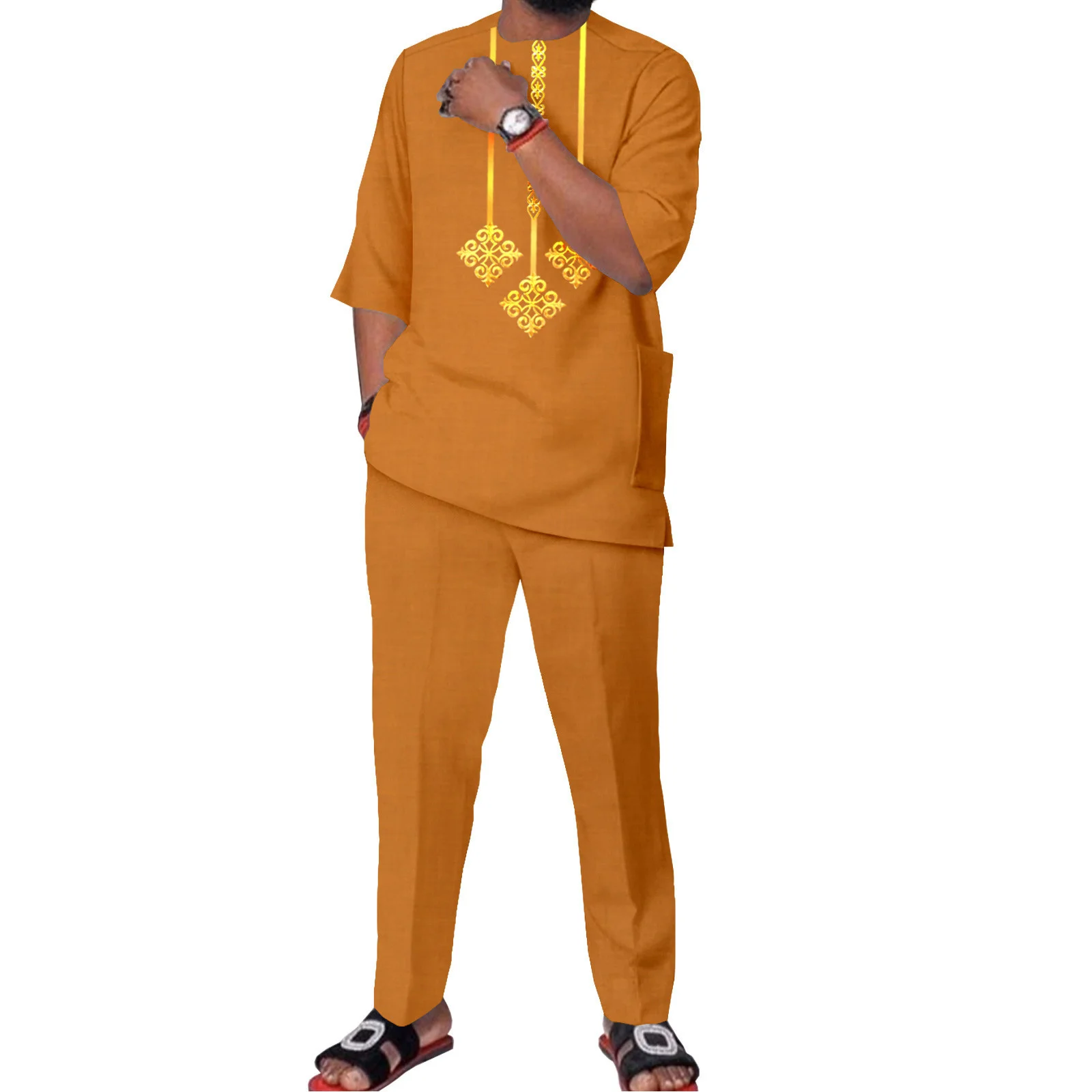 Traje de algodón para hombre, chaqueta y pantalones informales de Color sólido, ropa Africana étnica, pantalones cortos, chándal, primavera y verano, nuevo