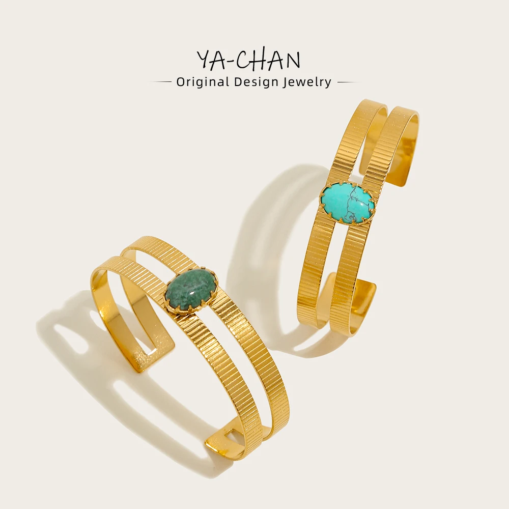 YACHAN 18K Gold Plated Stainless Steel Bracelet for Women Natural African Turquoise Cuff Metal texture Bangle Bracelets Jewelry