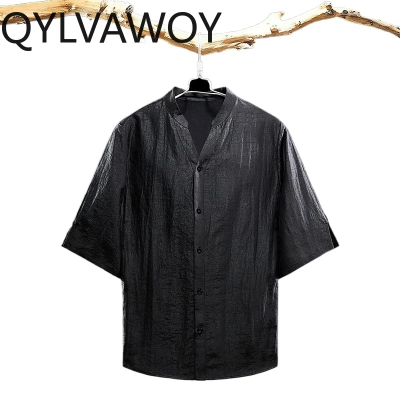 QYLVAWOY Luxury 100% Real Mulberry Silk Shirt for Man High Quality Short Sleeve Shirts Wateref Gauze Black Top Men's Clothing