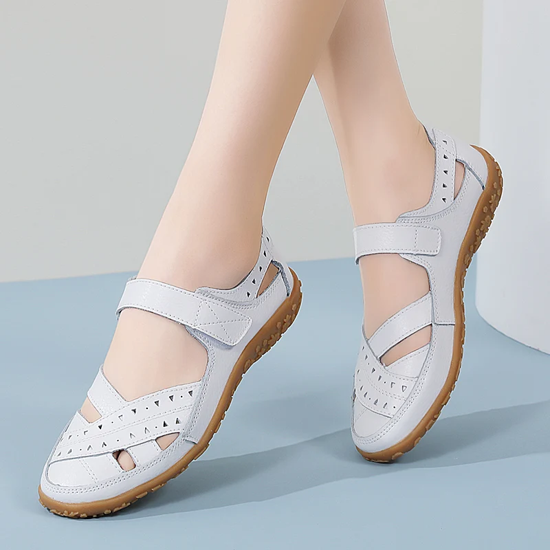 2024 new summer women\'s shoes large size Roman casual mother shoes leather baotou sandals Velcro hollow cowhide