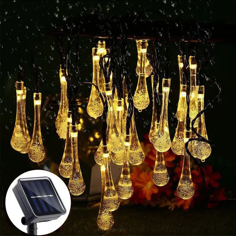 Gota de água LED Solar String Lights para Courtyard Party, ao ar livre, impermeável, Powered Pátio Luz, Decorações de Natal, 222, 2023