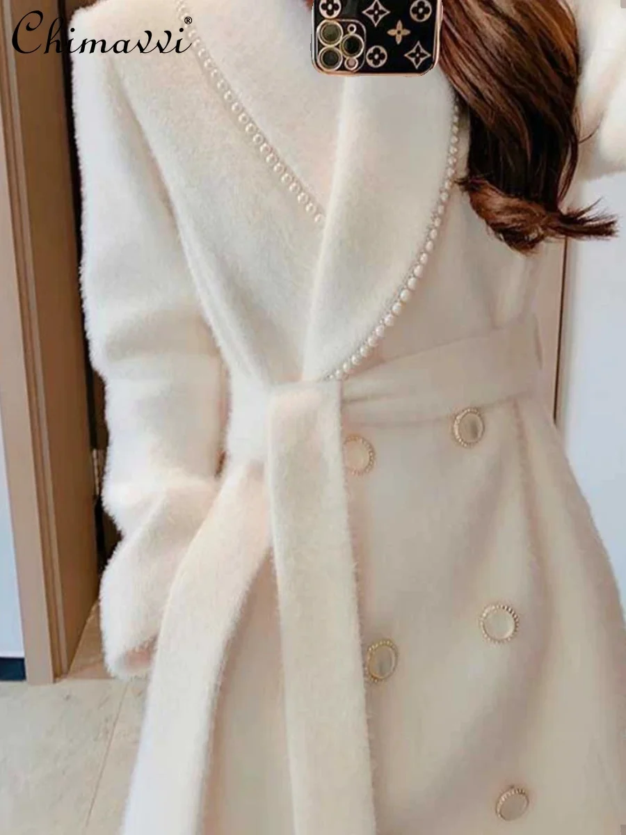 

High-end Beaded Elegant White Cashmere Coat Women Autumn Winter Mid-Length Belt Waist Temperament Thickened Woolen Jacket