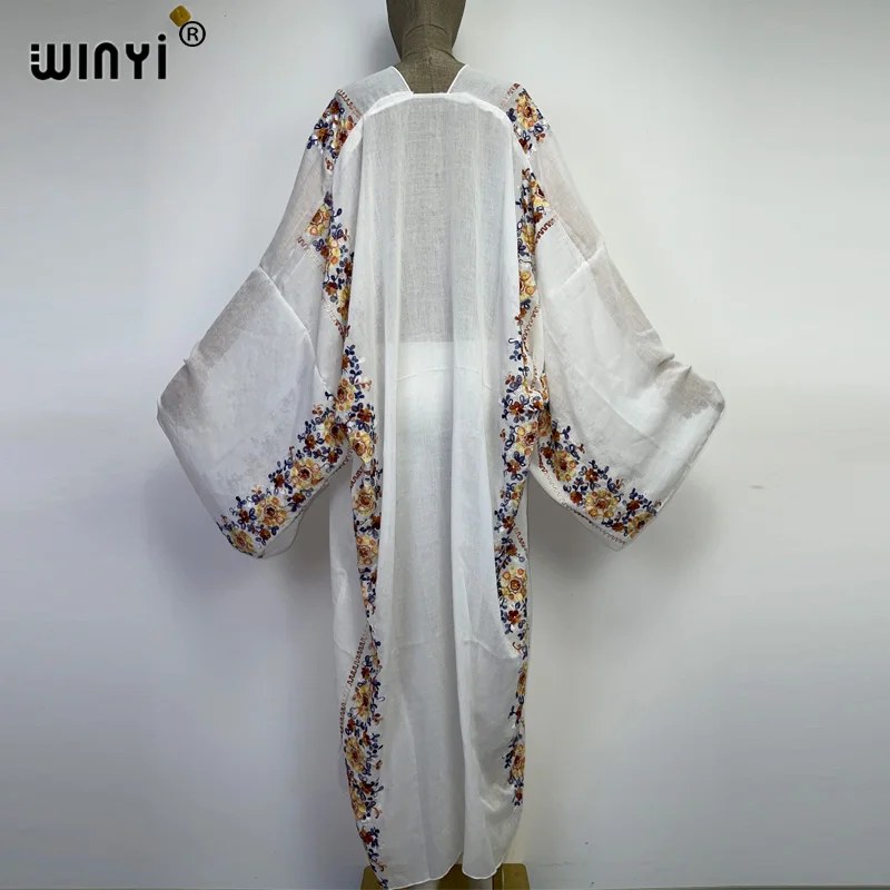 WINYI Embroidery Dress Beach Cover Up Bohemian All-match Sexy comfortable perspective home coat Elegant Holiday party Kimono