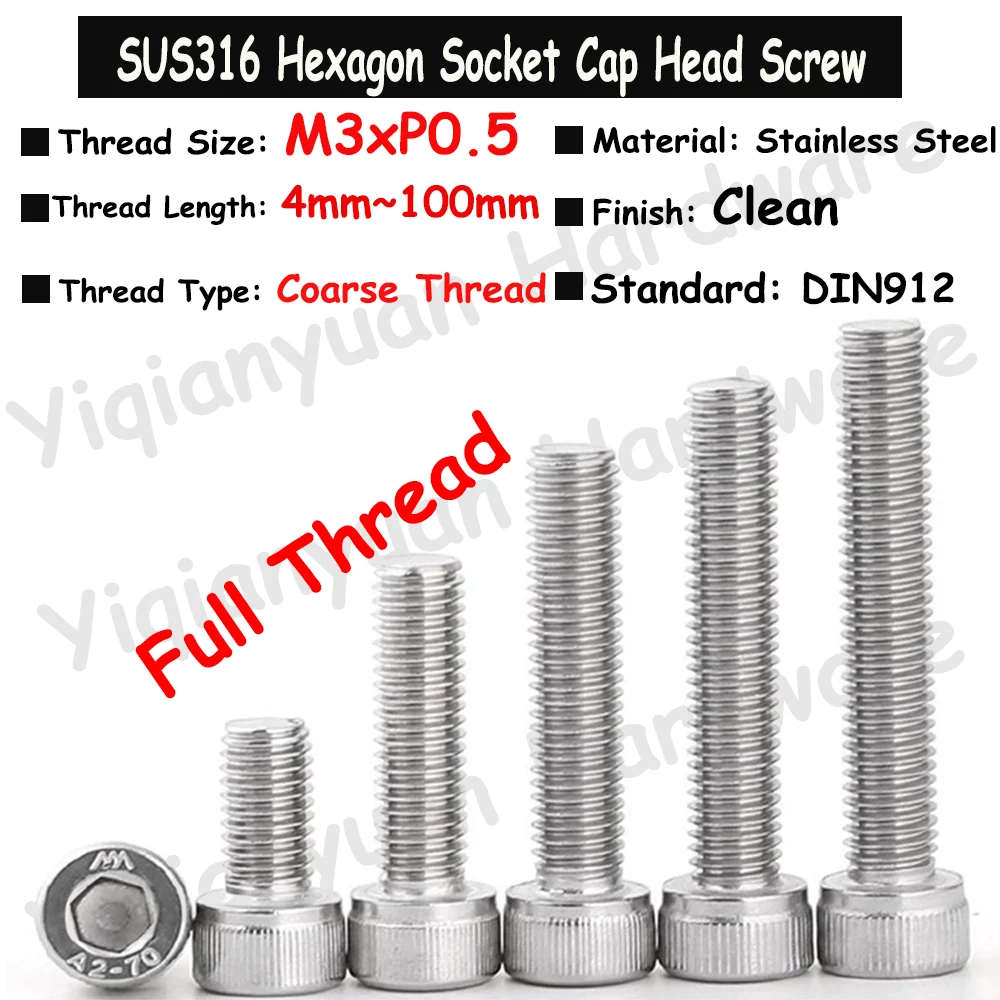 

Yiqianyuan M3xP0.5 DIN912 SUS316 Stainless Steel Hexagon Socket Knurled Cap Head Screws Allen Key Bolts with Full Coarse Thread