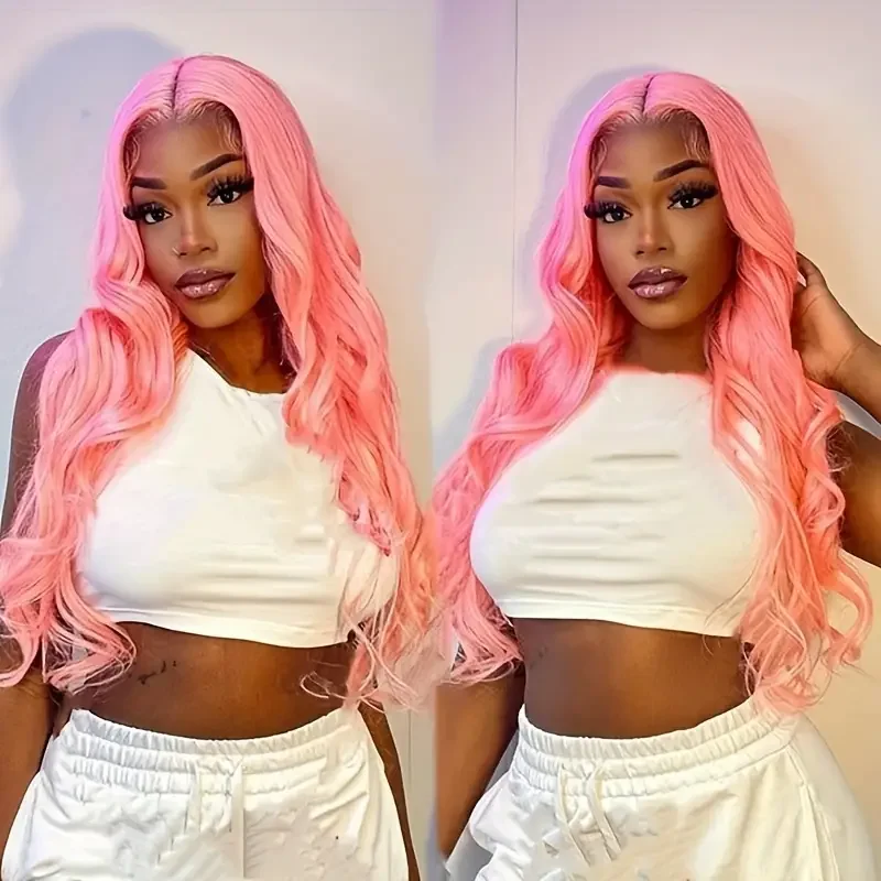 

13x4 Pink Body Wave Lace Front Wigs Human Hair Pre Plucked Colored 180 Density Pink Lace Frontal Wig Human Hair With Baby Hair