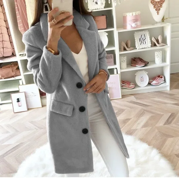 Autumn/Winter Solid Color Suit Collar Mid length Double breasted Woolen Coat for Women