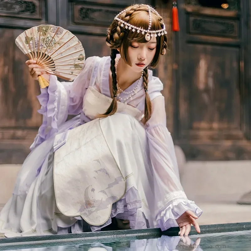 Vintage Hanfu Costume Retro Lolita JSK Dress with Long Flare Sleeve Cardigan Top ~ Nightingales by OCELOT