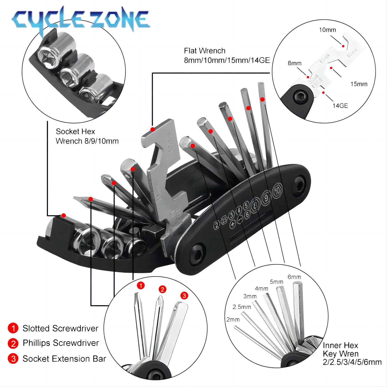 Kit d'outils de réparation de vélo multifonction 16 en 1, outil de réparation de vélo, clé hexagonale pliante, tournevis, outil, accessoires de cyclisme