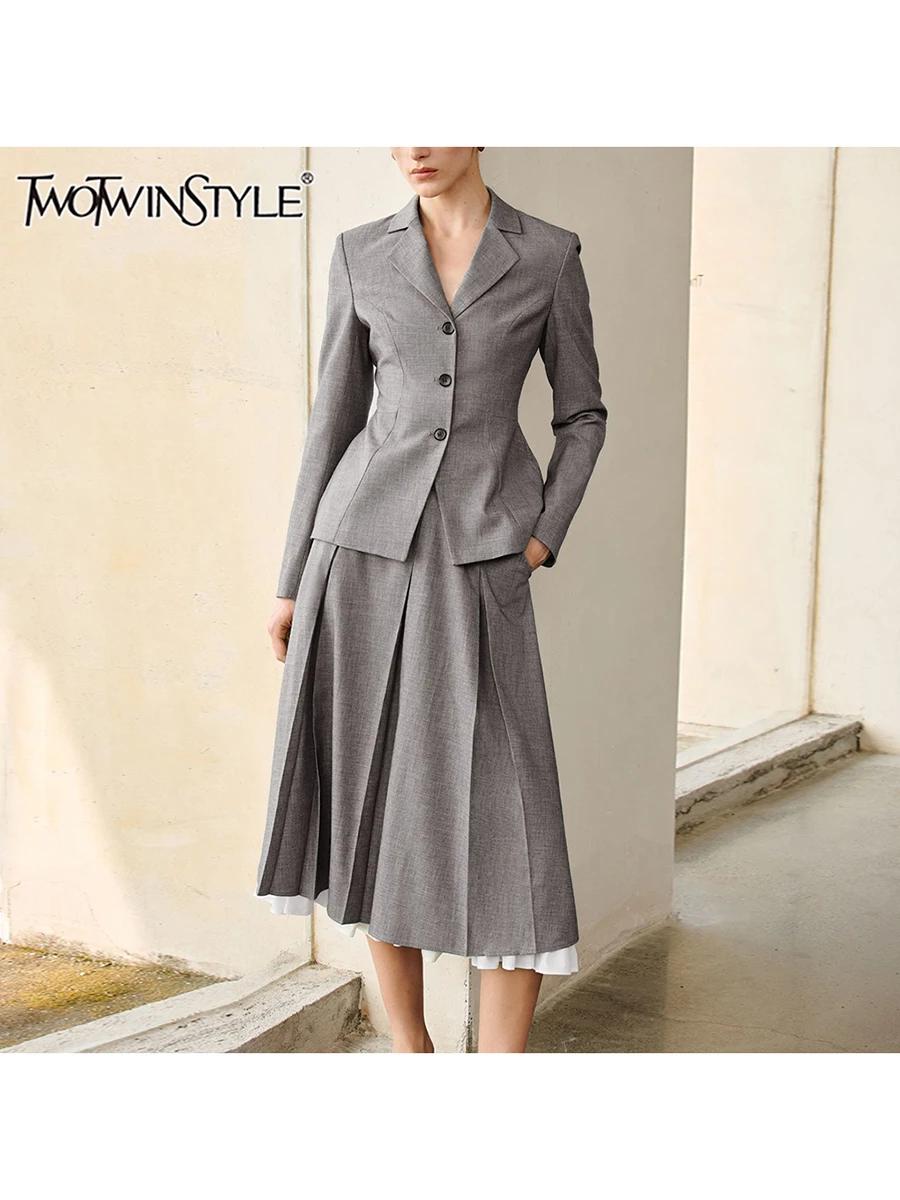 TWOTWINSTYLE Solid Two Piece Set For Women Lapel Long Sleeve Spliced Button Coat High Waist Loose Skirts Casual Sets Female New